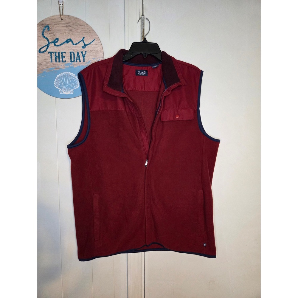 Chaps Mens Fleece Vest Burgundy Red Navy Blue Full Zip Mock Neck XL